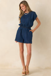 At My Level Indigo Denim Short Sleeve Cutout Romper