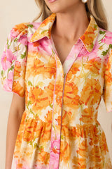 Pick Me, Please Orange & Pink Floral Cotton Puff Sleeve Mini Dress