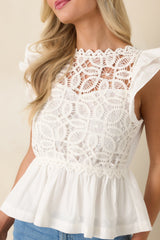 Sweetly Detailed Ivory Cotton Lace Peplum Top