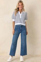 Plans After Work Ivory & Black Stripe Knit Polo Top