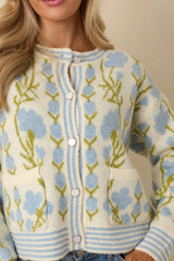 Softly into the Season Ivory & Blue Floral Button Up Cardigan Sweater