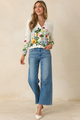 A Beautiful Arrangement Ivory Multi Floral Cotton Pointelle Cardigan