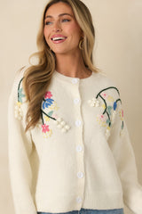 Where the Wildflowers Are Ivory Multi Knit Floral Embroidered Cardigan Sweater