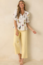Just Add Flowers Ivory Multi Floral Print Pintuck Puff Sleeve Blouse