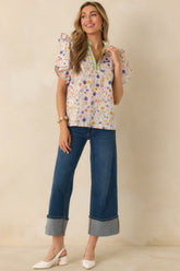Painted Meadows Ivory Multi Cotton Floral Print Ruffle Sleeve Blouse