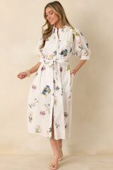 Garden Afternoon Ivory Multi Cotton Floral Print Button Front Belt Tie Midi Dress