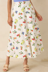Pick of the Season White Multi Cotton Fruit Print Midi Skirt