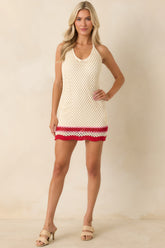 MINKPINK Elva Ivory & Red Stripe Crochet Halter Mini Dress