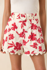 Feeling Fabulous Ivory & Red Floral Cotton High Waisted Shorts