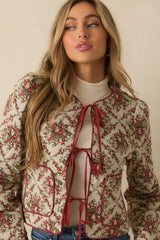 Winter Rose Ivory Multi Floral Pattern Tie Front Quilted Jacket