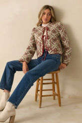 Winter Rose Ivory Multi Floral Pattern Tie Front Quilted Jacket