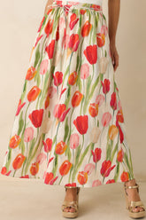 Garden District Ivory & Red Multi Linen Blend Floral Midi Skirt