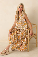 Easy to Love Marigold & Olive Green Floral Cotton Button-Back Top