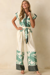 In So Many Words Green Multi Print Button Up Wide Leg Jumpsuit