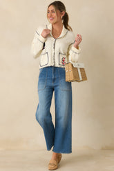 Knot Your Average Ivory Multi Knit Contrast Stitch Cardigan Sweater