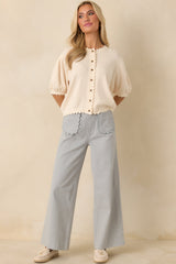 Simply So Cute Ivory Knit Scalloped Edge Puff Sleeve Button Up Cardigan