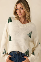 Pining For Cozy Ivory Knit Pine Tree V-Neck Sweater