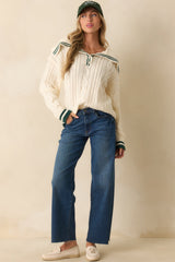 Just Going With It Ivory Cable Knit Contrast Trim Collared Sweater