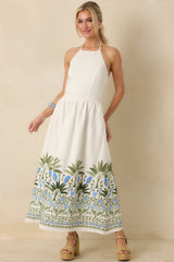 Palm Villa Ivory Multi Floral & Palm Halter Midi Dress