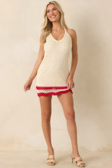 MINKPINK Elva Ivory & Red Stripe Crochet Halter Mini Dress