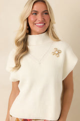 Cool Intentions Ivory Ribbed Knit Mockneck Cap Sleeve Sweater