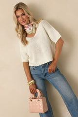 Without Thinking Twice Ivory Knit Collard V-Neck Short Sleeve Sweater