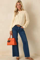 All the While Ivory Cable Knit Crewneck Pullover Sweater