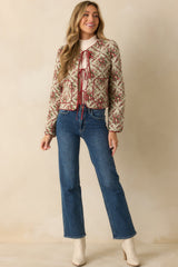 Winter Rose Ivory Multi Floral Pattern Tie Front Quilted Jacket