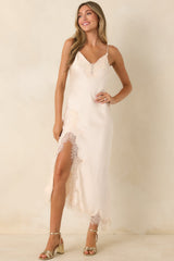 Just Like in the Movies Ivory Satin Lace Slip Midi Dress