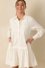 Always a Classic Ivory Cotton Blend Long Sleeve Mini Shirt Dress