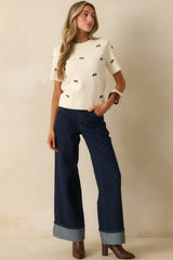 Found My Place Ivory Acorn Embroidered Short Sleeve Sweater