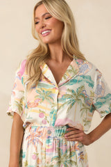 As The Sun Sets Ivory Multi Tropical Print Button Front Top