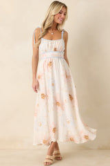Blooming in Watercolor Ivory Multi Floral Tie Strap Midi Dress