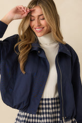 Smooth Finish Navy Blue Zip Up Bomber Jacket