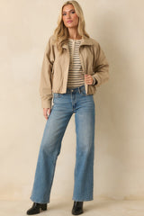 Smooth Finish Khaki Zip Up Bomber Jacket