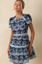 Can't Miss This Blue Multi Floral Embroidered Lace Mini Dress