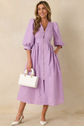 To Be Fair Lavender Blouson Sleeve Zip Up Midi Dress