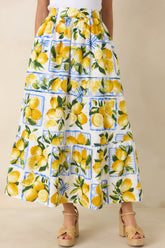 Sweet Citrus Charm White Multi Lemon Print Cotton Maxi Skirt