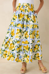 Sweet Citrus Charm White Multi Lemon Print Cotton Maxi Skirt