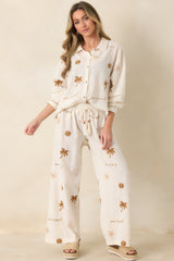 Driftwood Days Light Beige Cotton Coastal Embroidered Wide Leg Pants