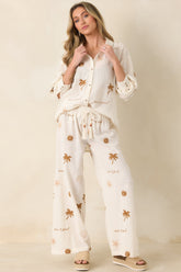 Driftwood Days Light Beige Cotton Coastal Embroidered Button Down Top