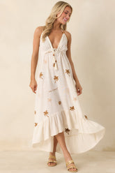 Sunwashed Sands Light Beige Cotton Coastal Embroidered Midi Dress