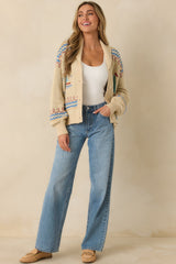 Coast Is Clear Light Beige Multi Knit Button-Up Sailboat Cardigan Sweater