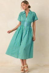 Put It in Motion Light Blue & Green Stripe Cotton Midi Dress