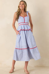 Sweet Tea in July Light Blue & Red Cotton Floral Stripe Peplum Midi Dress