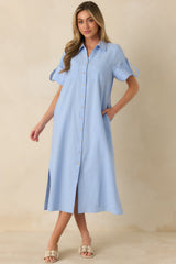 Show Me the Way Light Blue Cotton Button Front Midi Shirt Dress