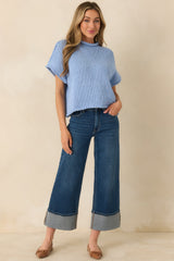 Have a Knack For It Light Blue Chunky Knit Cotton Short Sleeve Sweater