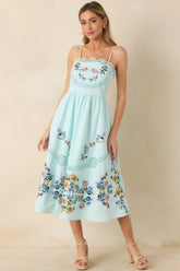 Dancing In The Garden Light Blue Floral Cotton Midi Dress