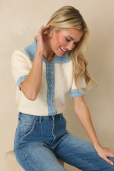 Clubhouse Chic Blue & Ivory Contrast Trim Button-Front Knit Polo Cardigan