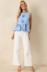 Drift Into Daylight Sky Blue Embroidered Cotton Peplum Top